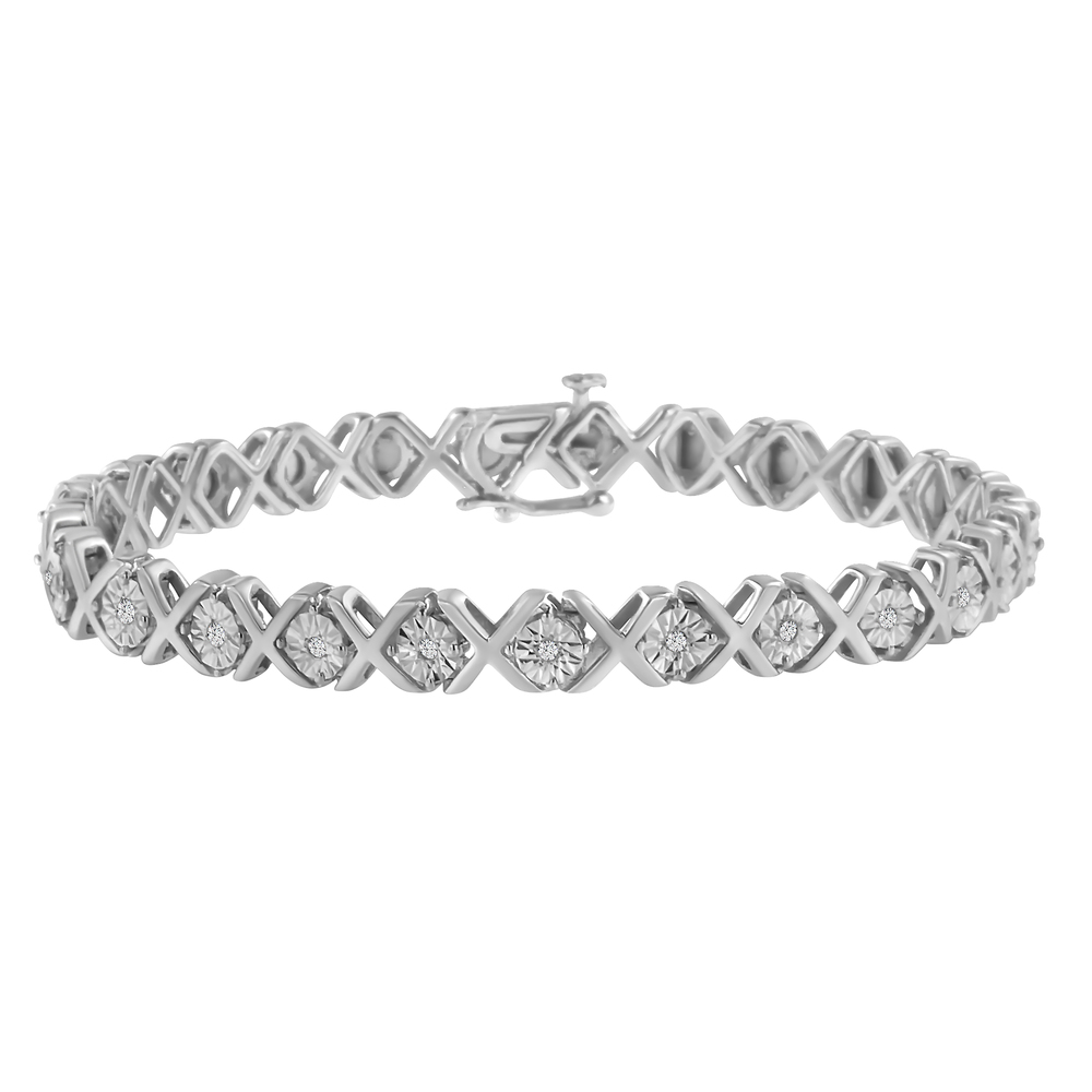 Sterling Silver 1/10 Carat Miracle-Set Round Diamond "X" Link Tennis Bracelet
